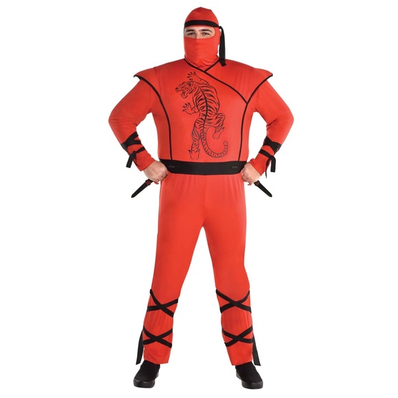 Ninja Halloween Adult XXL Plus Size Red Tiger Jumpsuit Mask Headscarf Belt New - Picture 1 of 3